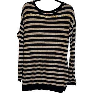 MUDD THIN SWEATER LONG SLEEVE STRIPED BLACK/GOLD SHIMMER SEQUIN COTTON BLEND